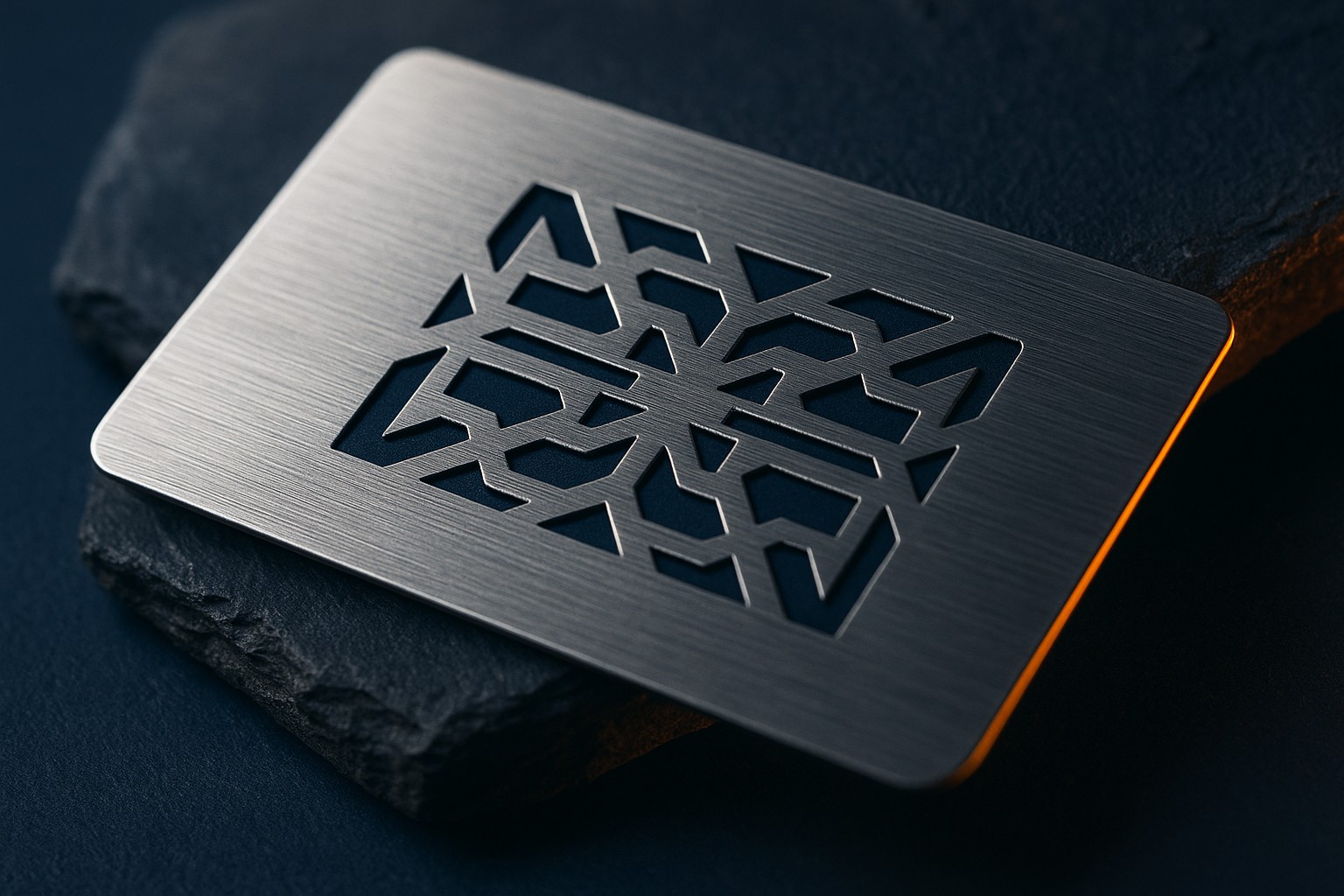 Engraved metal business card with a cut geometric pattern
